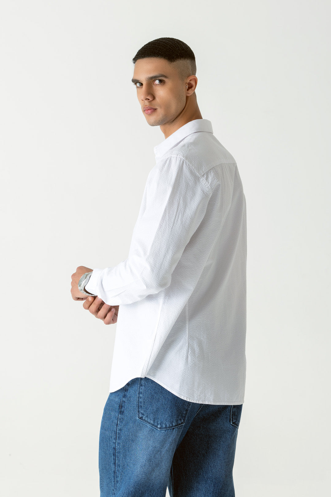 Seersucker Cotton White Regular Fit Shirt