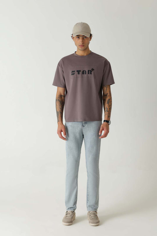 Viscose Blend Dusty Taupe Grey Oversized Star Print T-Shirt