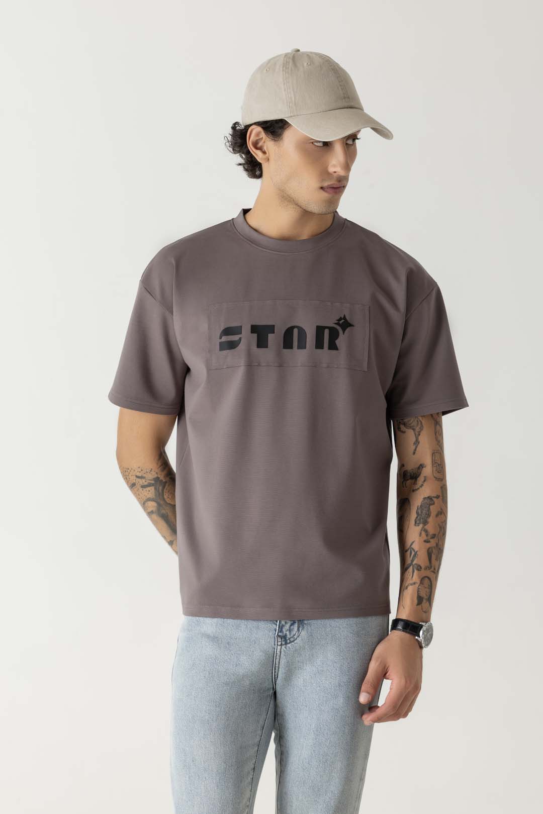 Viscose Blend Dusty Taupe Onion Pink Oversized Star Print T-Shirt