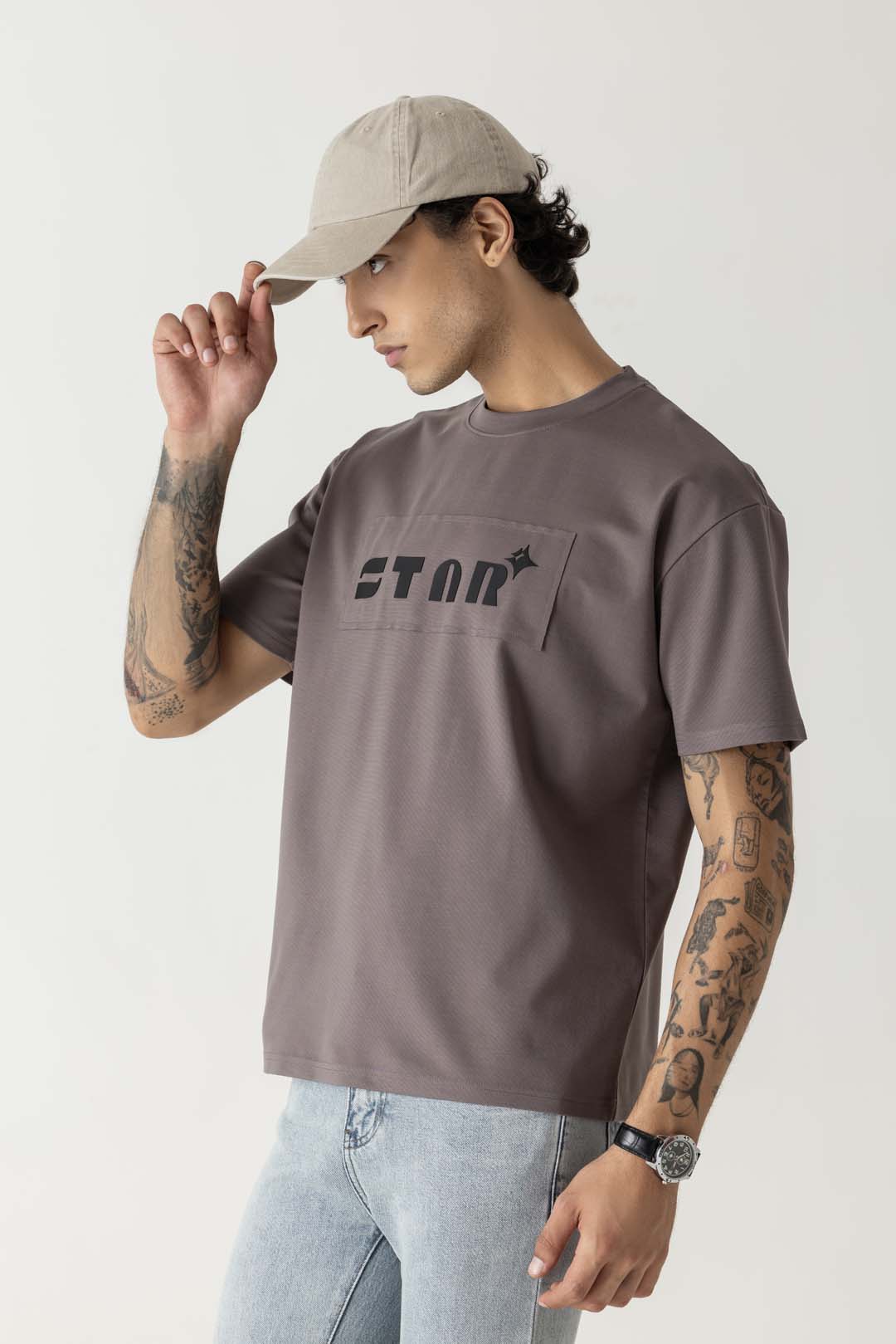 Viscose Blend Dusty Taupe Onion Pink Oversized Star Print T-Shirt