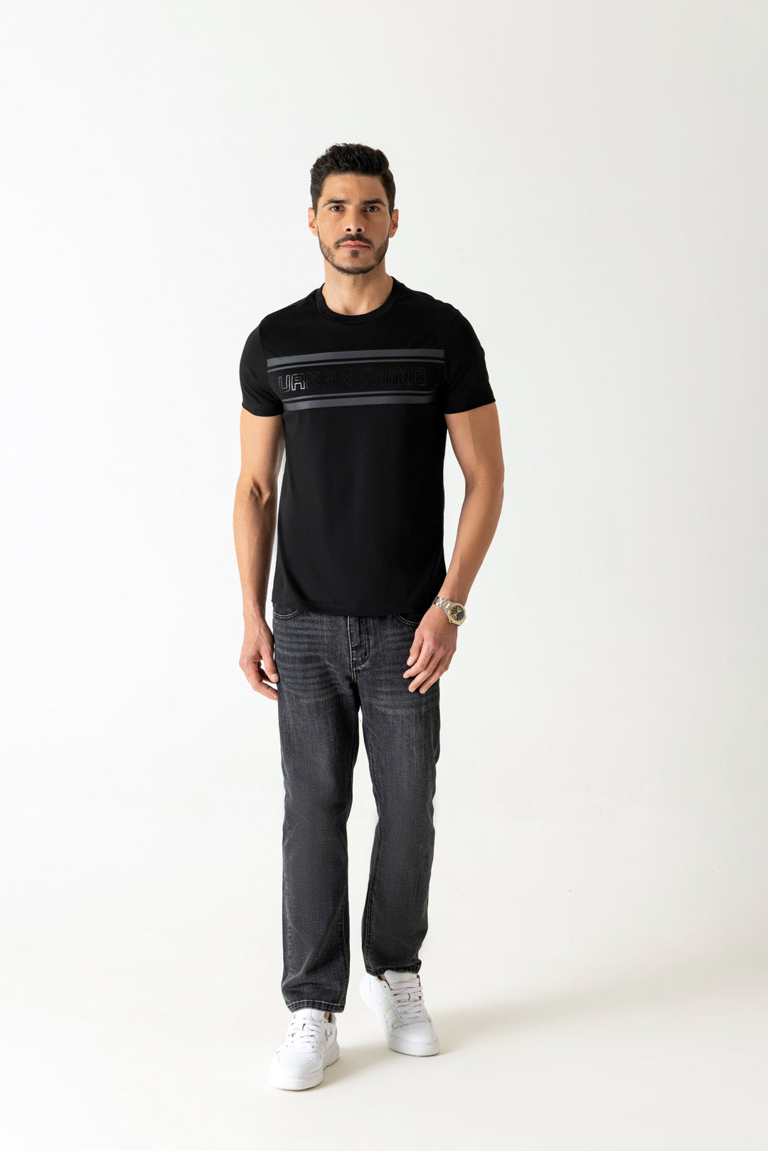 Mercerised Cotton Black Pigment Stripe Gel Branding Crew Neck T-Shirt