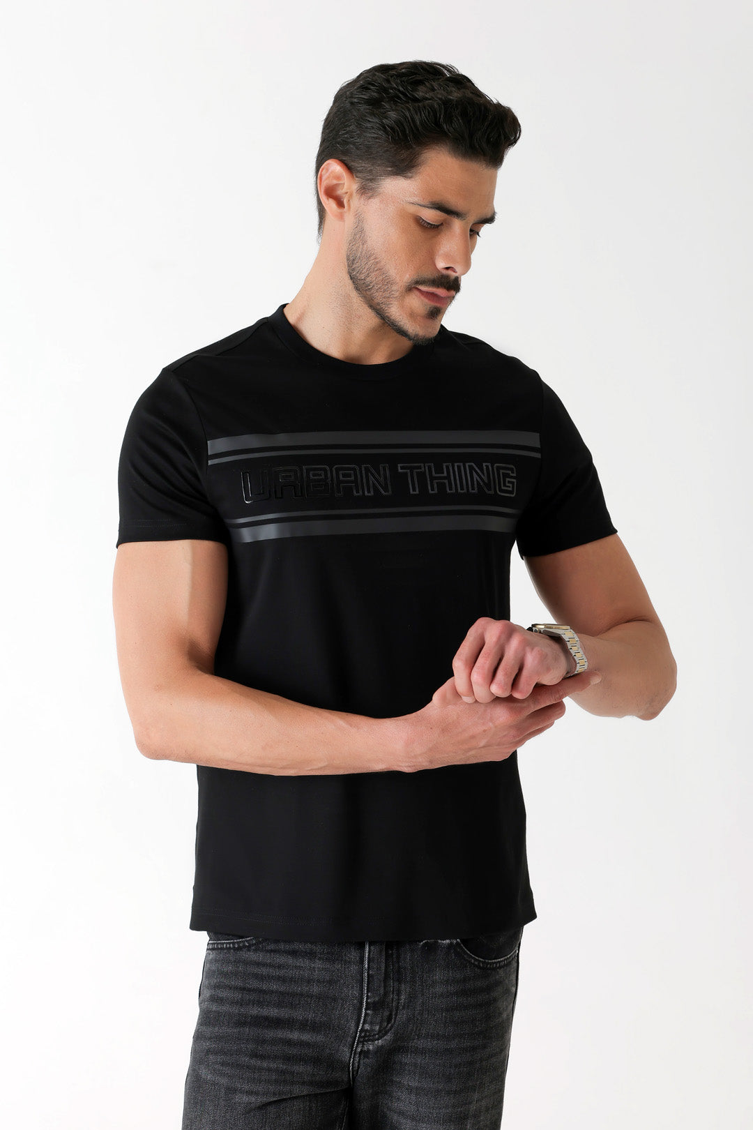 Mercerised Cotton Black Pigment Stripe Gel Branding Crew Neck T-Shirt