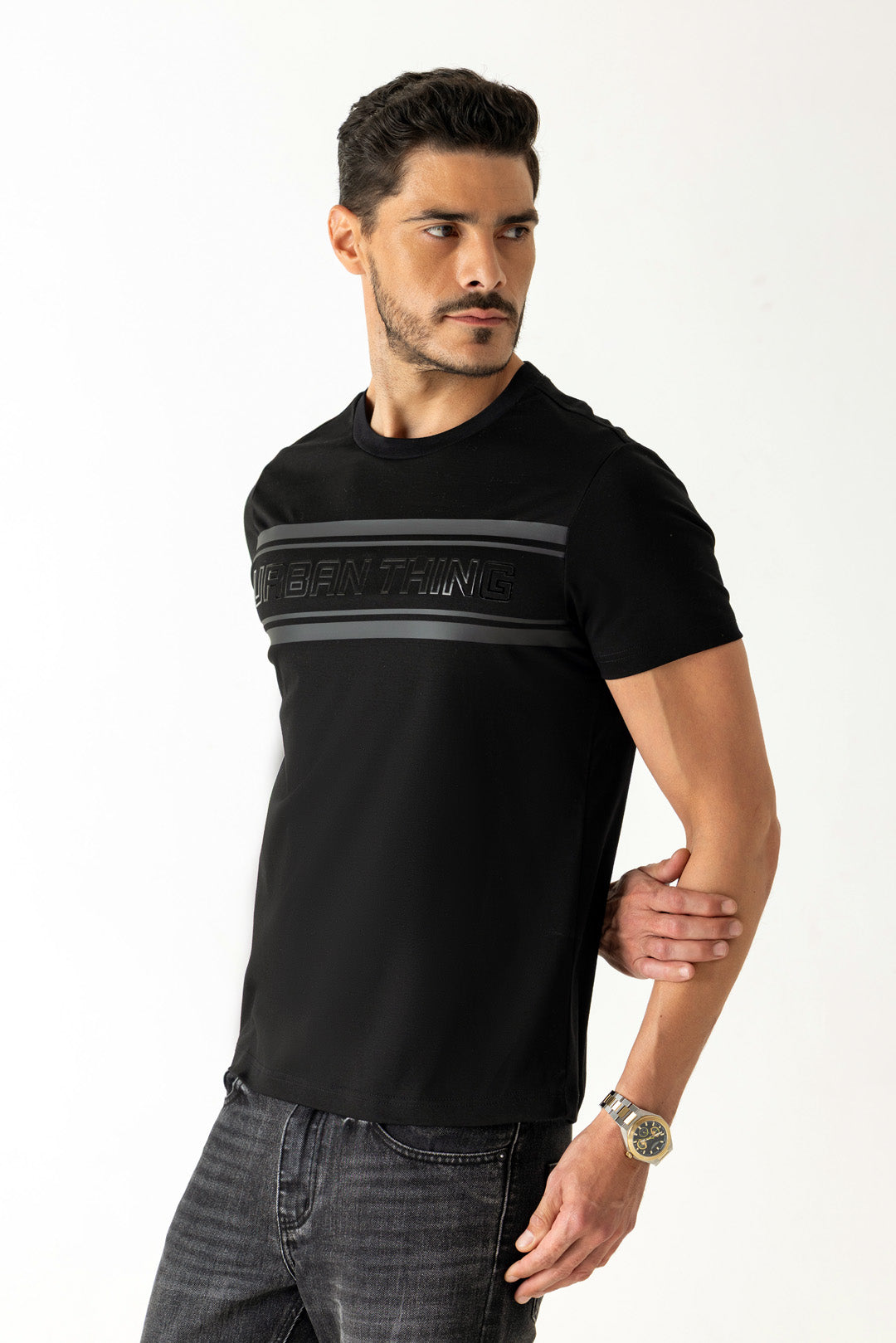 Mercerised Cotton Black Pigment Stripe Gel Branding Crew Neck T-Shirt