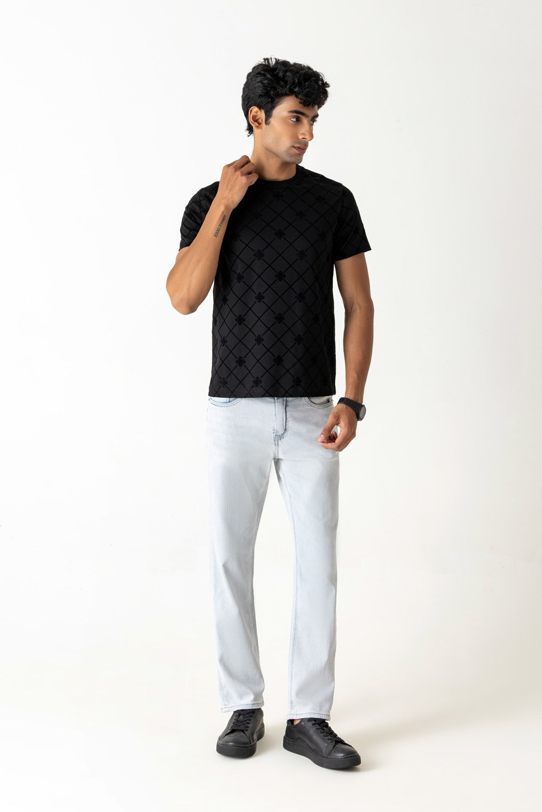 Mercerised Cotton Black All-Over Flock Logo Print Crew Neck T-Shirt