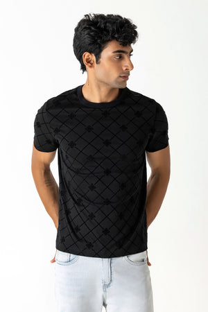 Mercerised Cotton Black All-Over Flock Logo Print Crew Neck T-Shirt