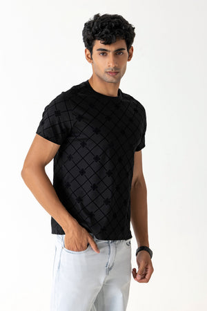 Mercerised Cotton Black All-Over Flock Logo Print Crew Neck T-Shirt
