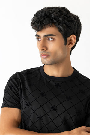 Mercerised Cotton Black All-Over Flock Logo Print Crew Neck T-Shirt