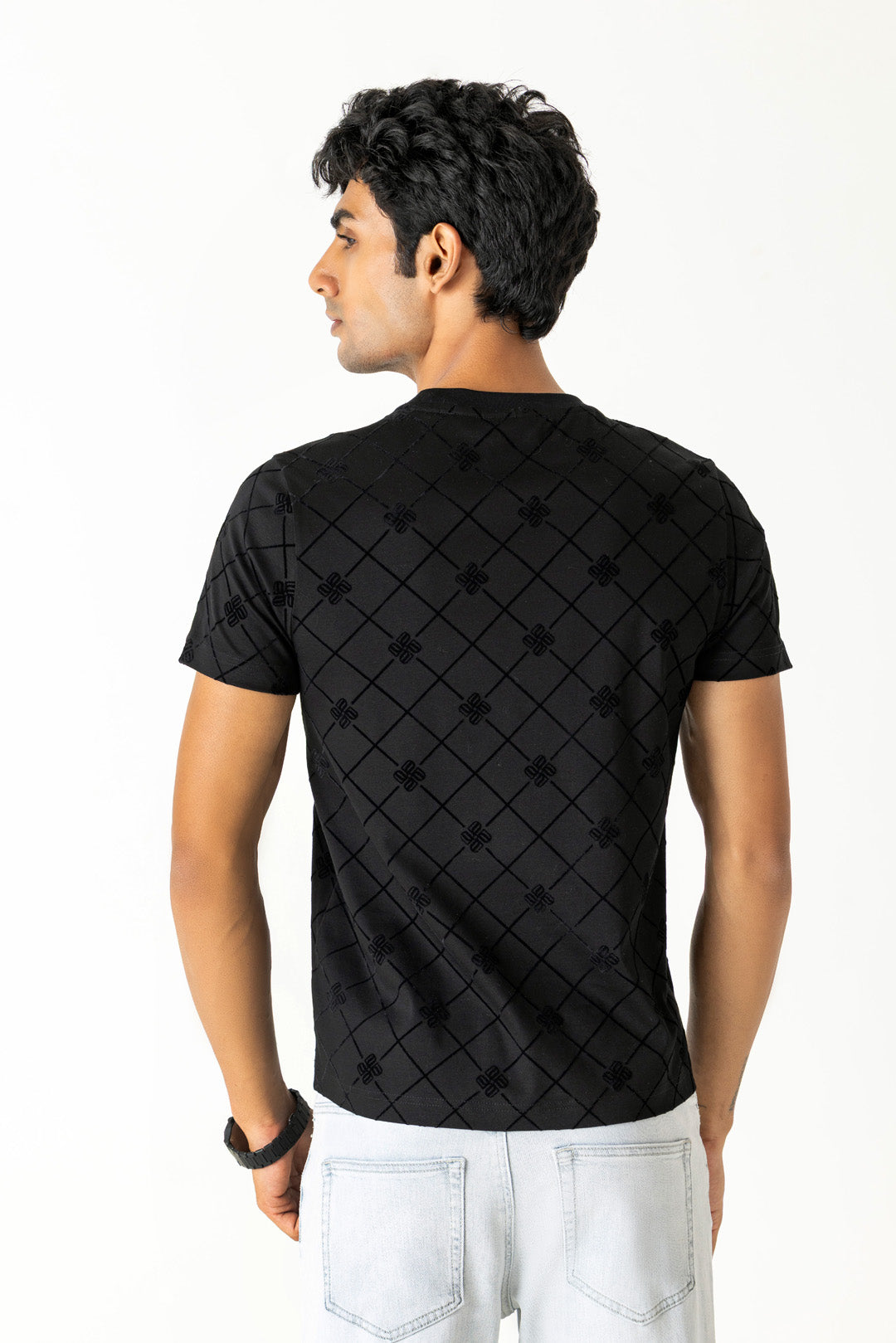 Mercerised Cotton Black All-Over Flock Logo Print Crew Neck T-Shirt