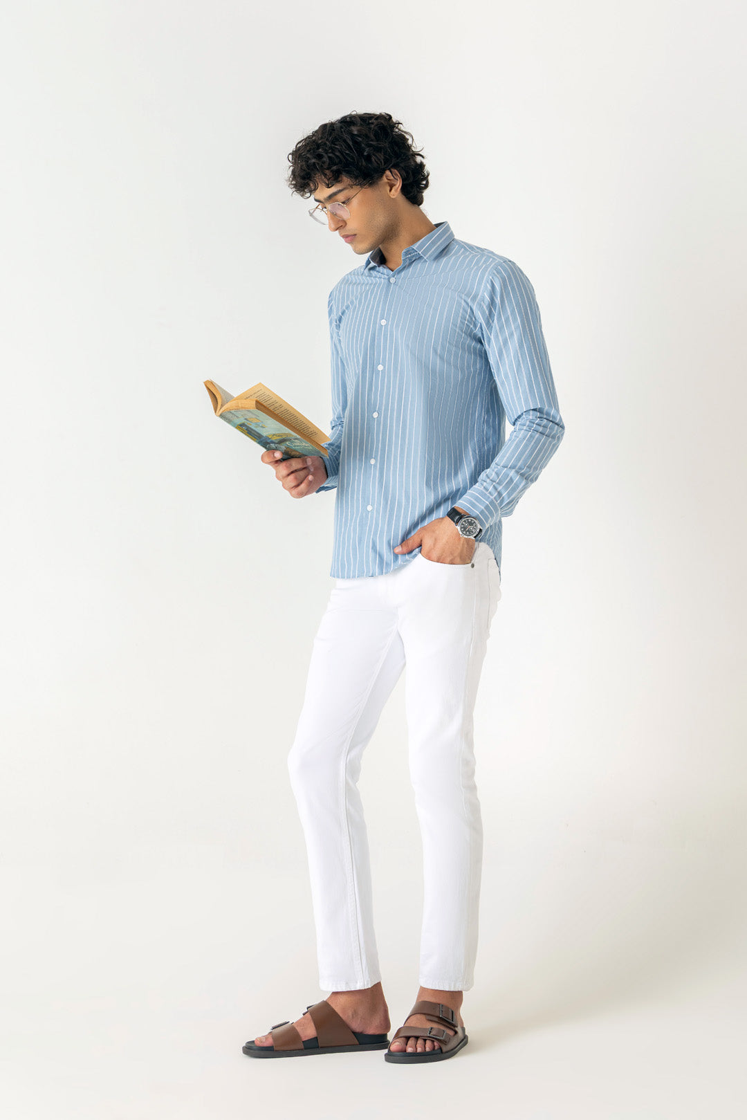 Cotton Sky Blue Stripe Regular Fit Shirt