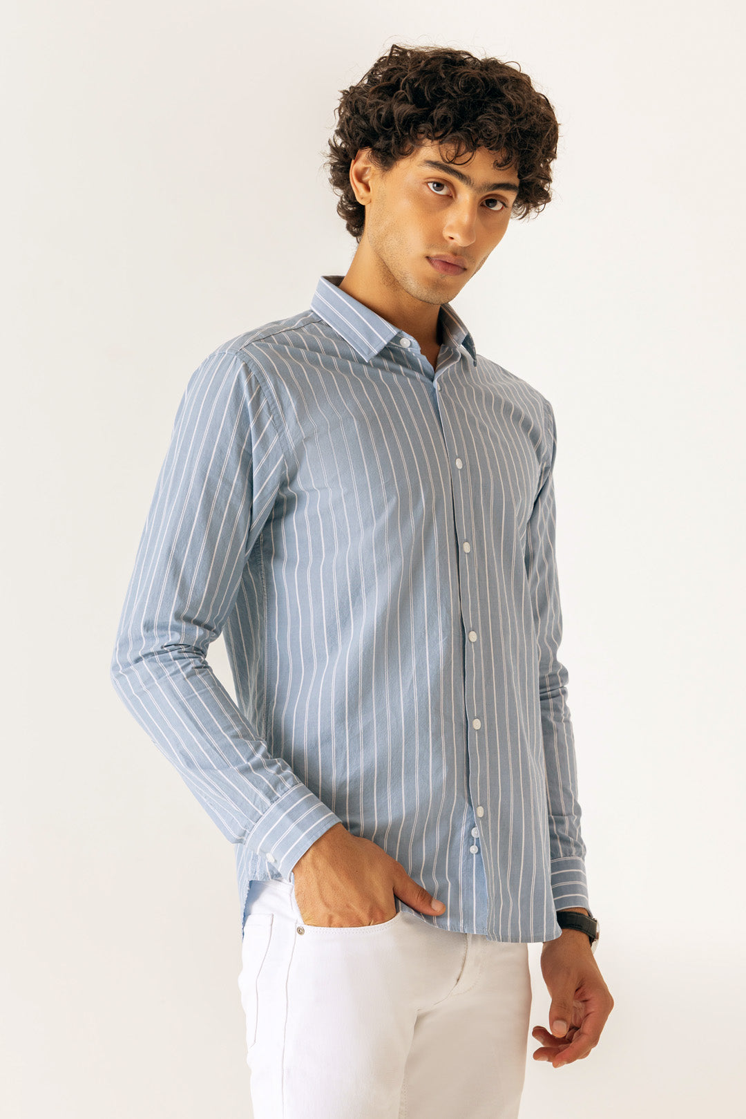 Cotton Sky Blue Stripe Regular Fit Shirt