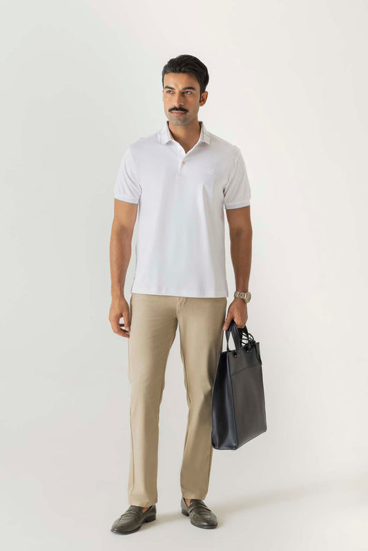 Mercerised Cotton White Tonal Embroidery Check Collar Polo