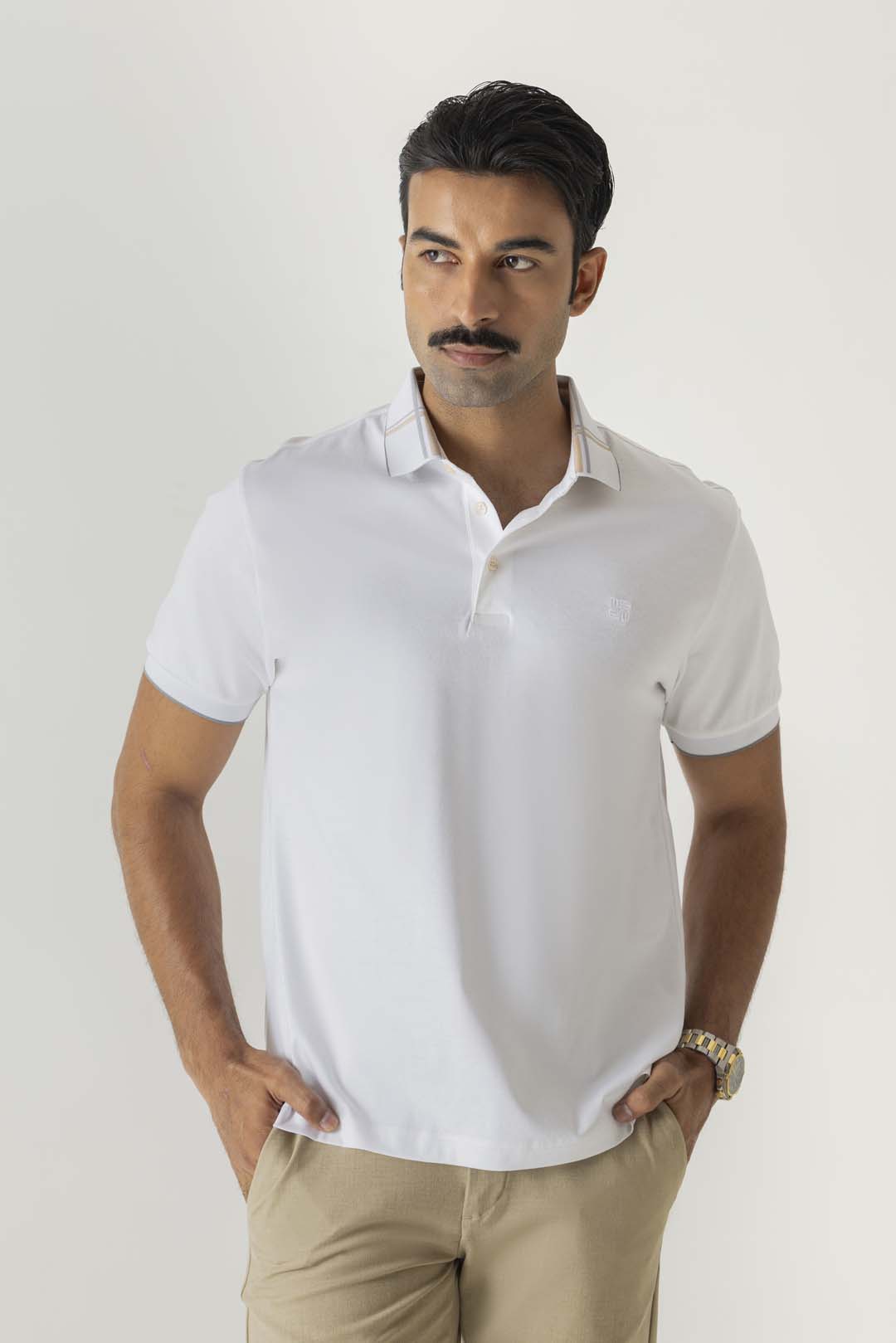 Mercerised Cotton White Tonal Embroidery Check Collar Polo