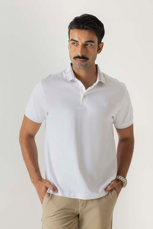 Mercerised Cotton White Tonal Embroidery Check Collar Polo