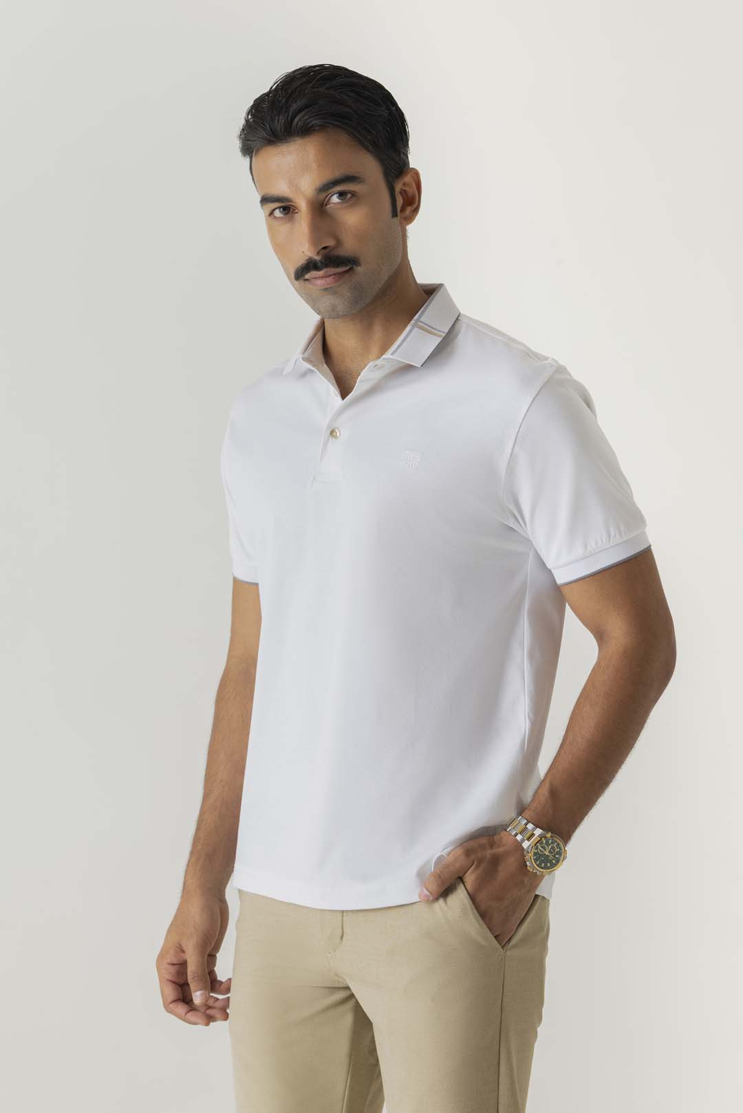 Mercerised Cotton White Tonal Embroidery Check Collar Polo