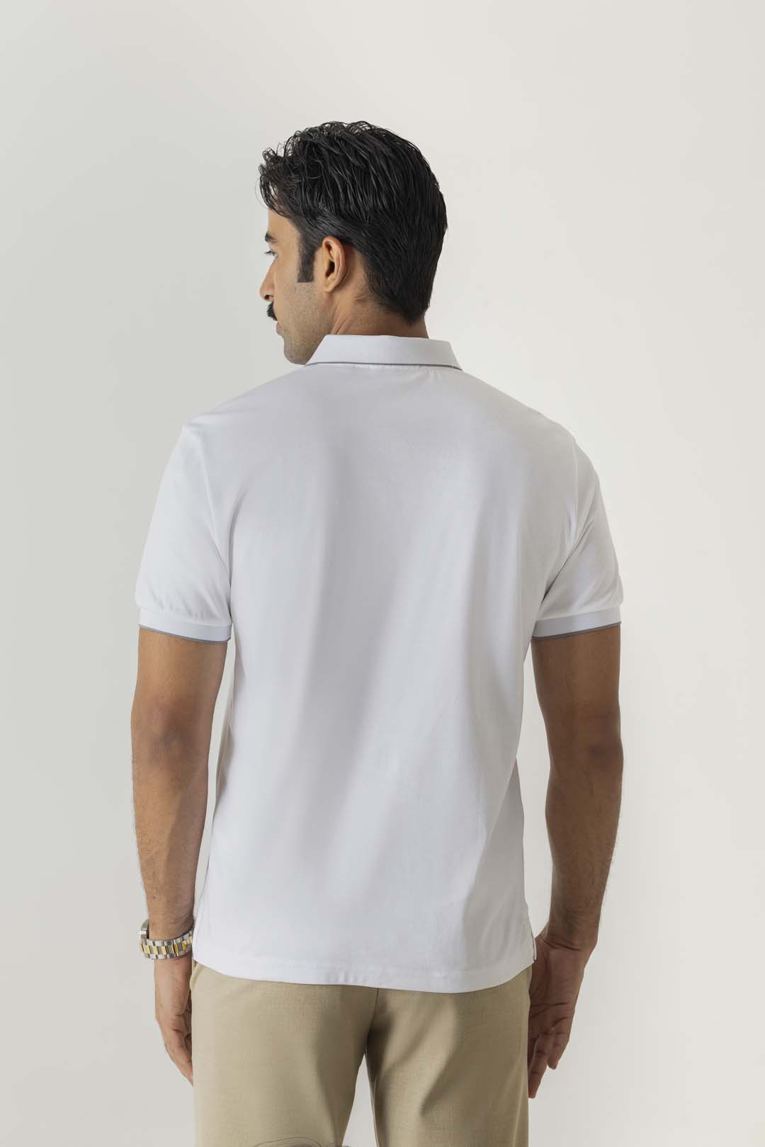 Mercerised Cotton White Tonal Embroidery Check Collar Polo