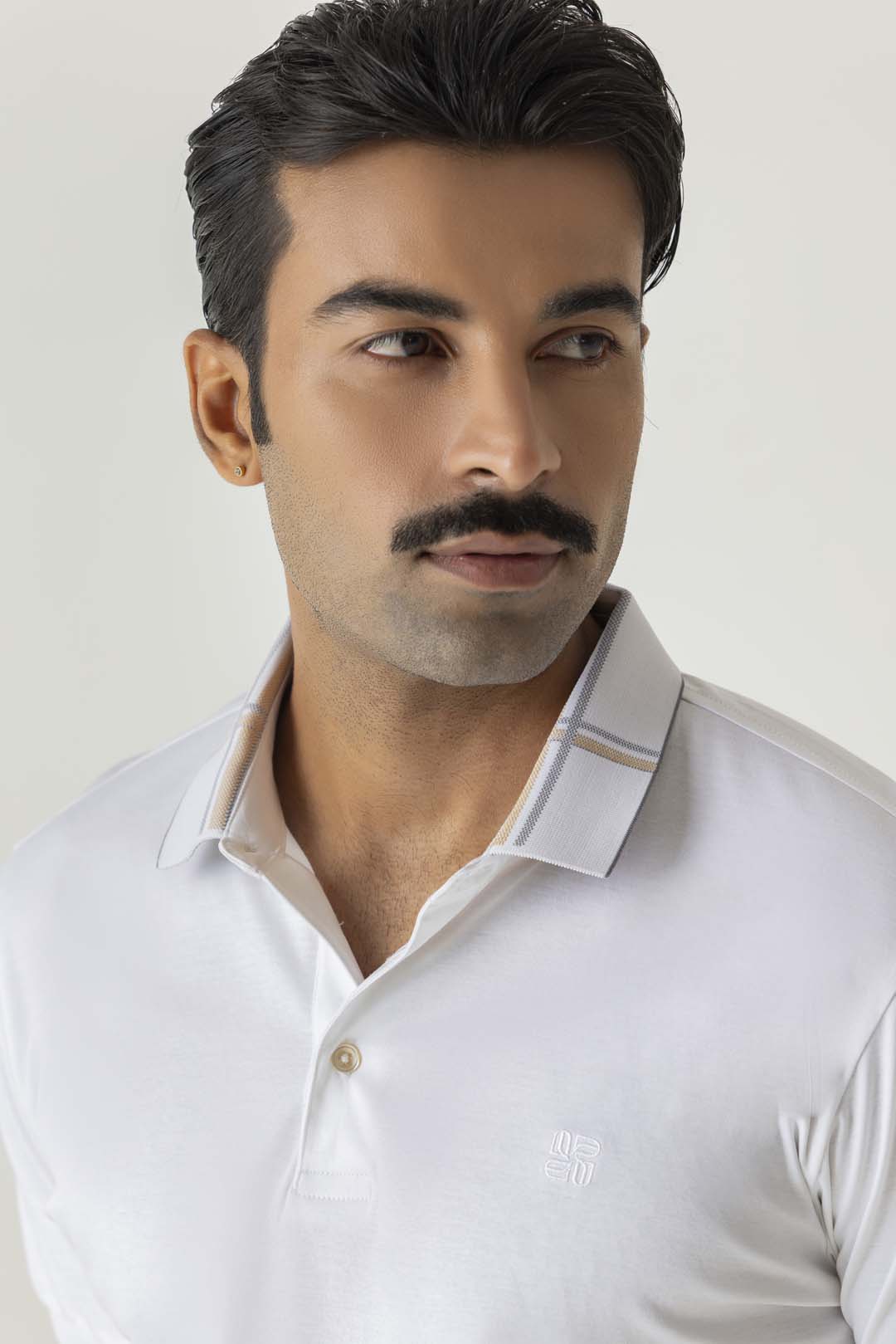 Mercerised Cotton White Tonal Embroidery Check Collar Polo