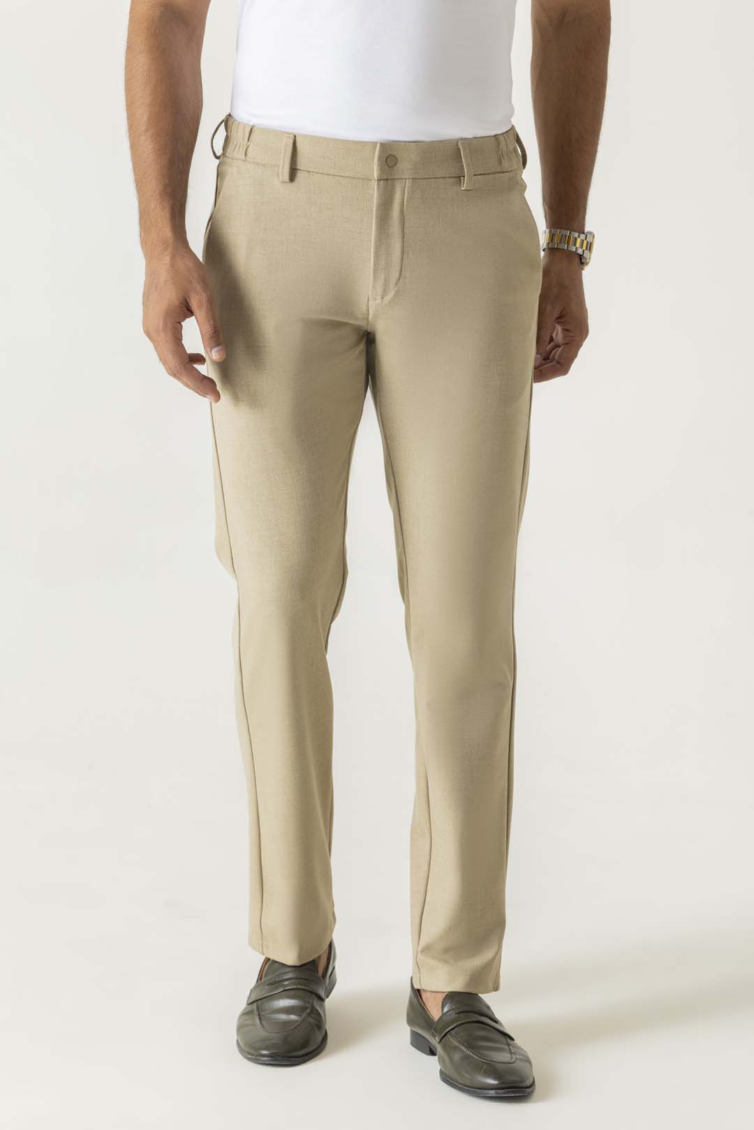Poly Viscose Khaki Slim Straight Travel Milan Comfort Trouser