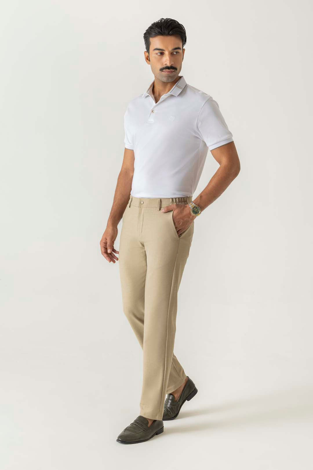 Poly Viscose Khaki Slim Straight Travel Milan Comfort Trouser