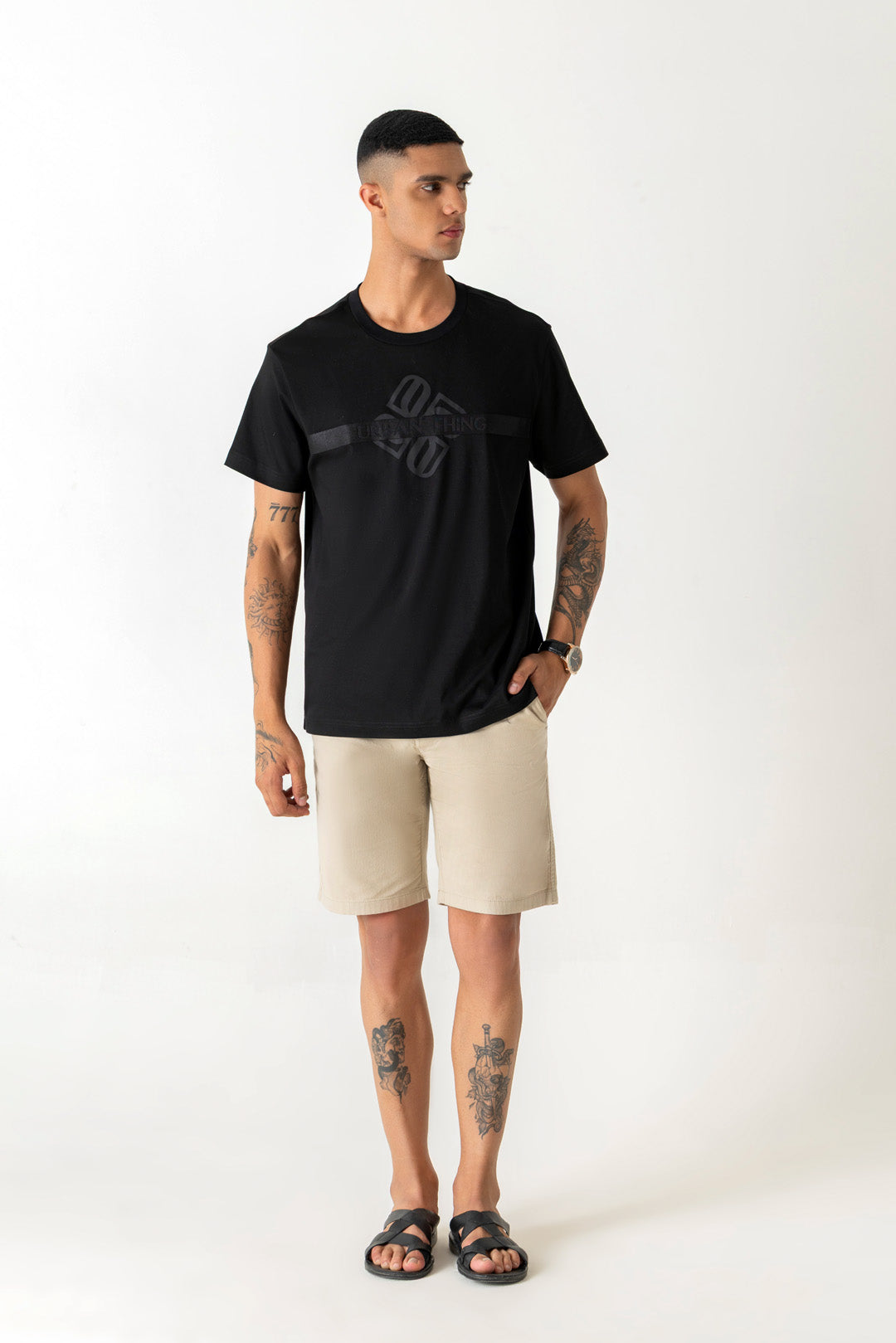 Mercerised Cotton Black Tape Branding Logo Slim Fit Crew Neck T-Shirt