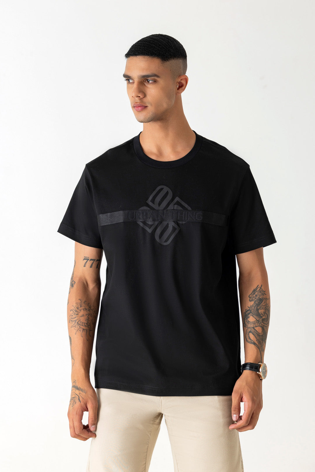 Mercerised Cotton Black Tape Branding Logo Slim Fit Crew Neck T-Shirt