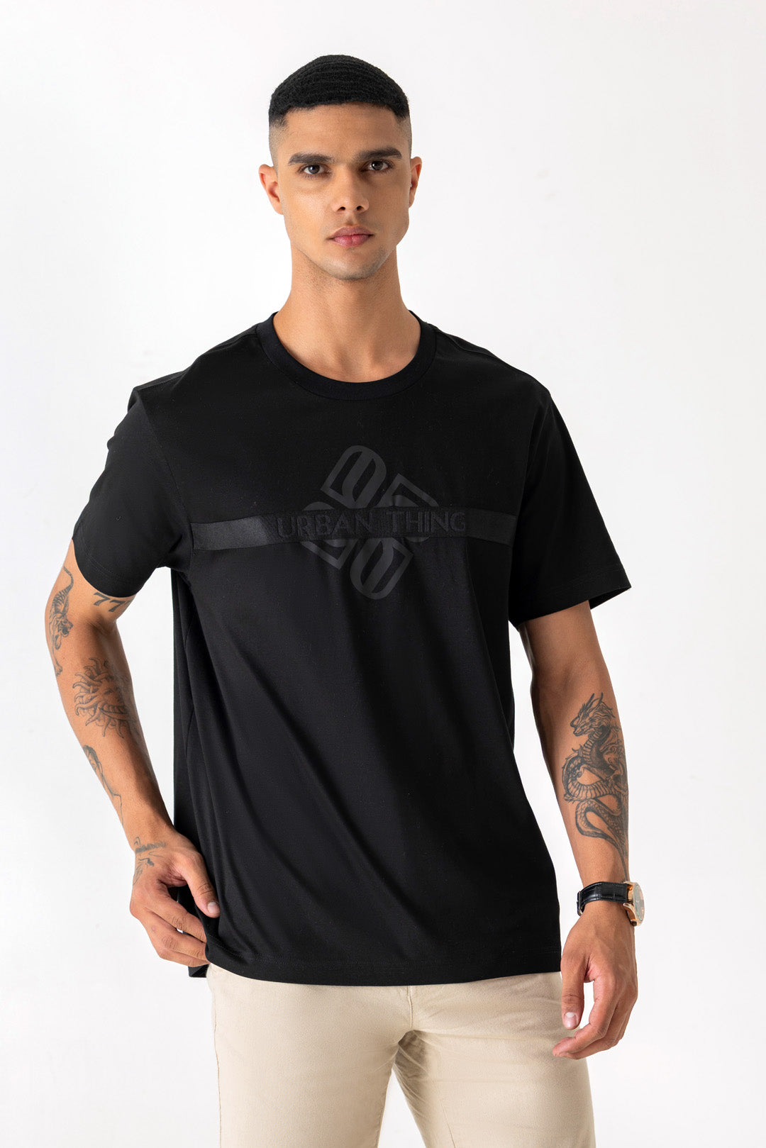 Mercerised Cotton Black Tape Branding Logo Slim Fit Crew Neck T-Shirt