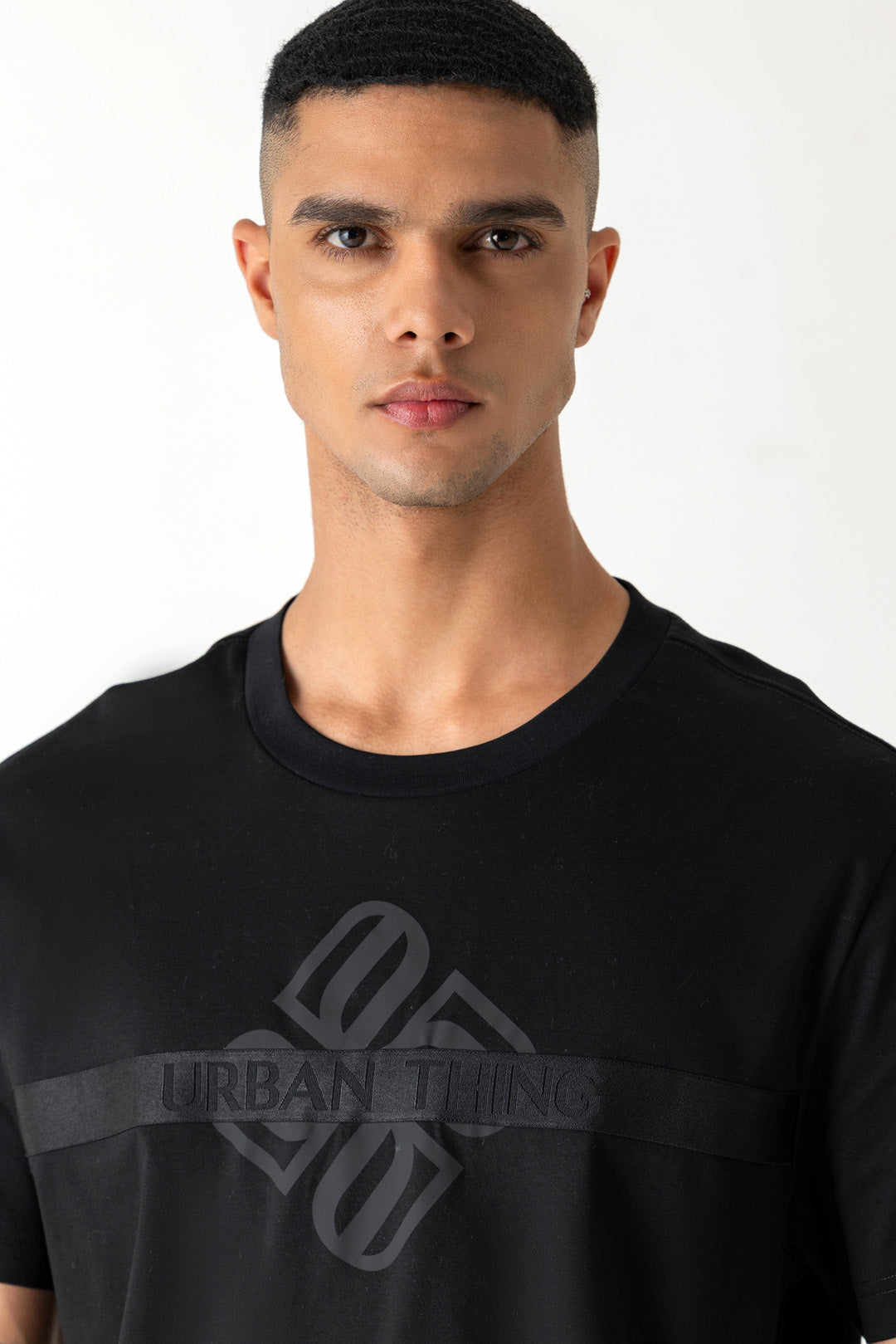 Mercerised Cotton Black Tape Branding Logo Slim Fit Crew Neck T-Shirt