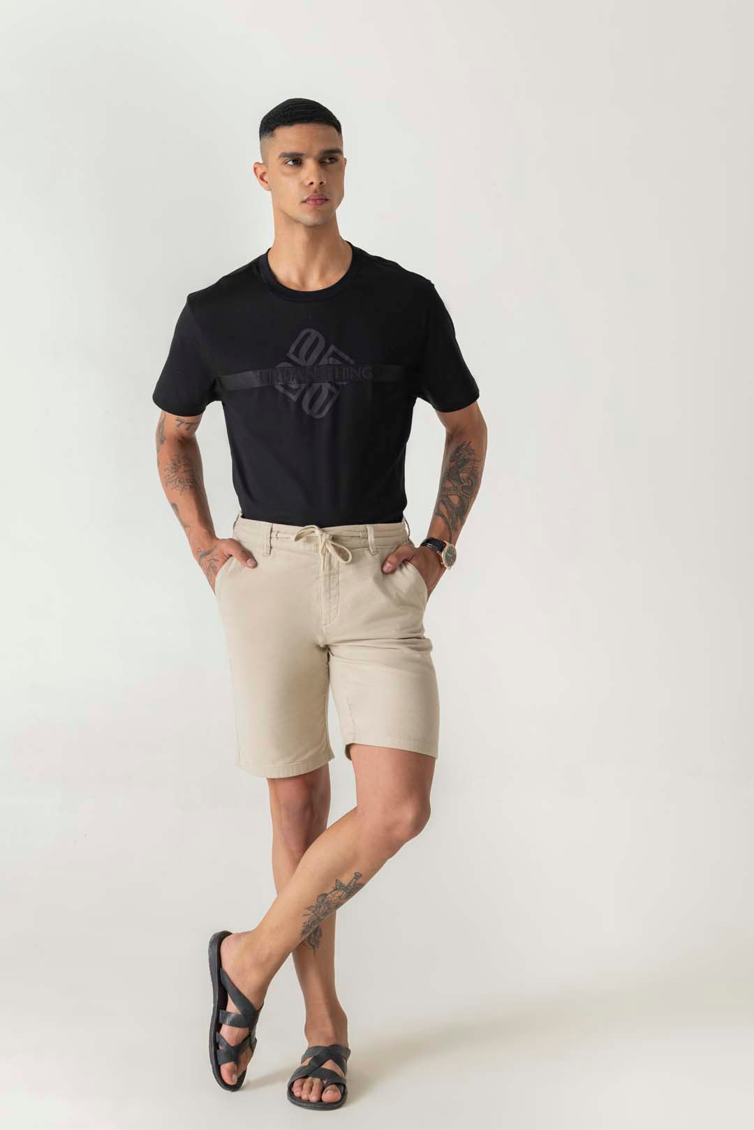 Cotton Double Cloth Beige Drawstring Shorts