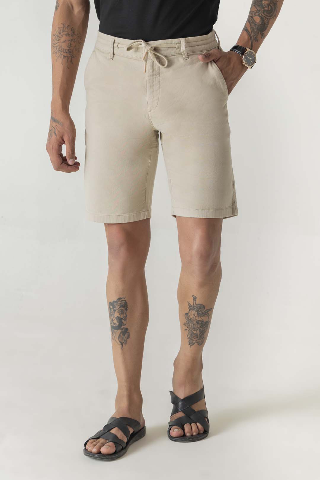 Cotton Double Cloth Beige Drawstring Shorts