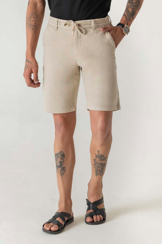 Cotton Double Cloth Beige Drawstring Shorts