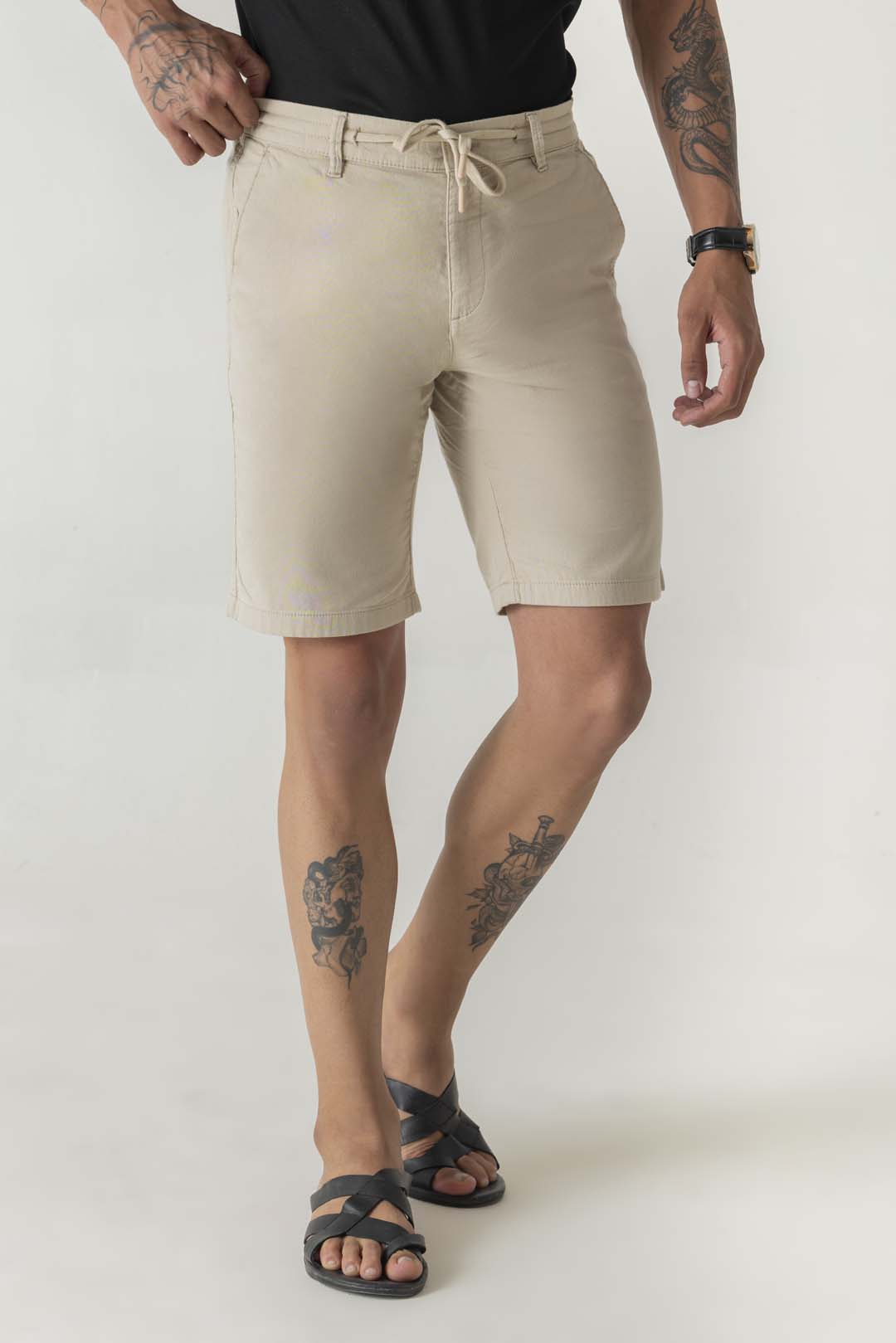 Cotton Double Cloth Beige Drawstring Shorts