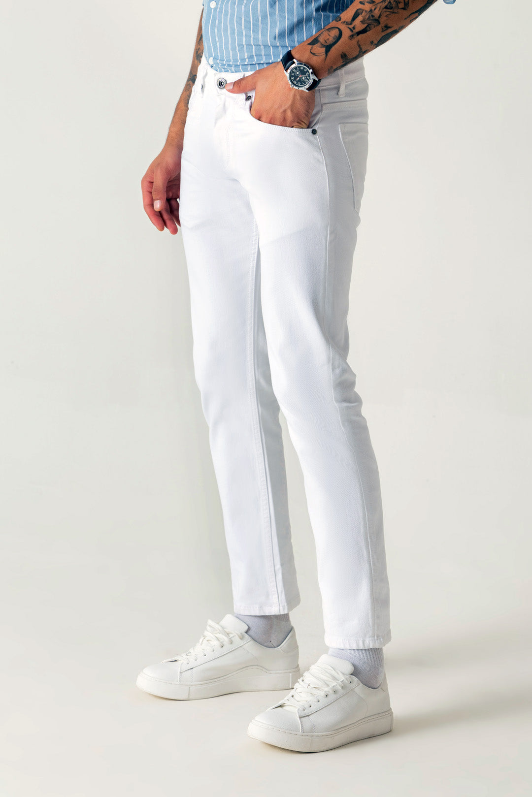 Cotton Twill White Loose Ankle 5 Pocket Jeans