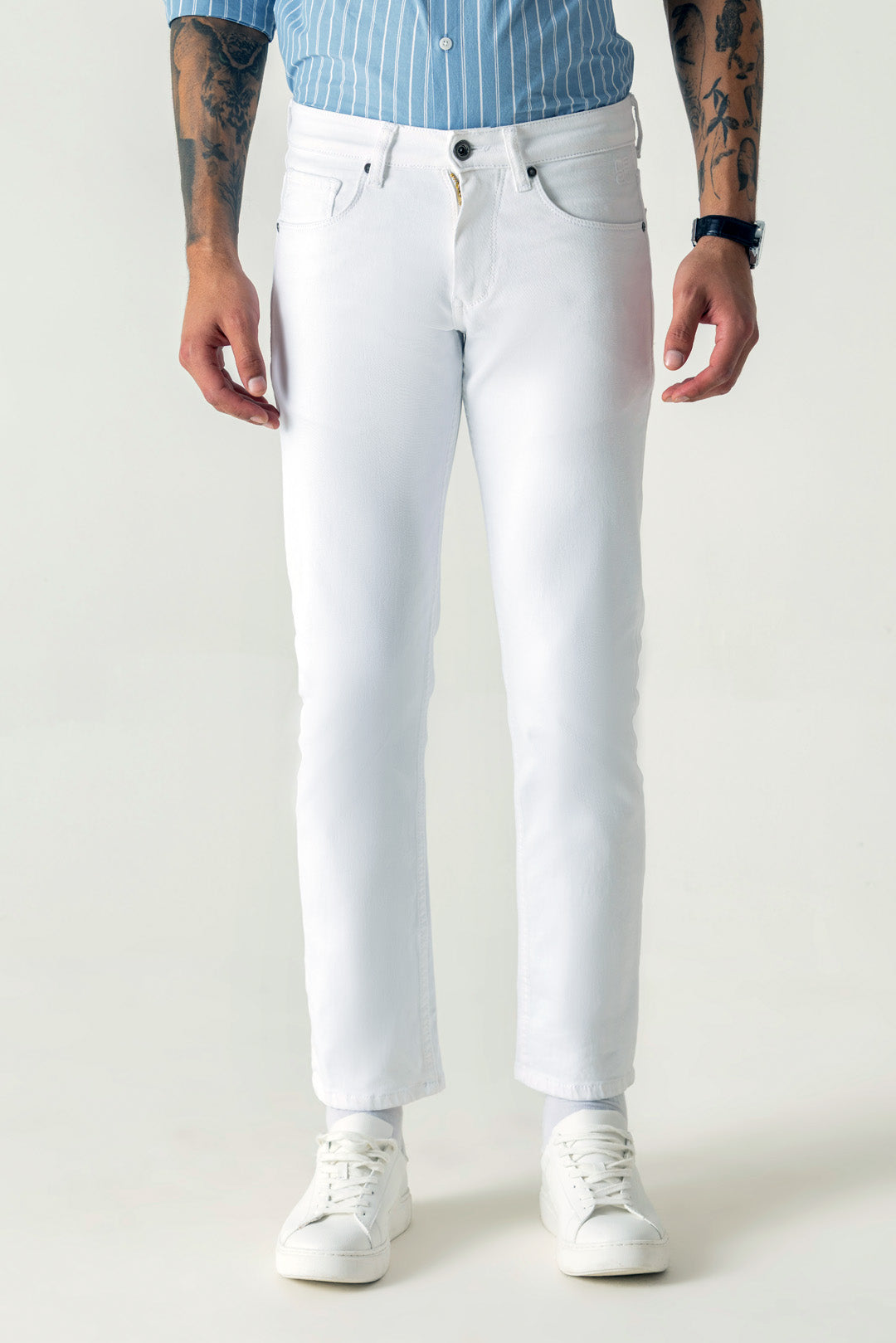 Cotton Twill White Loose Ankle 5 Pocket Jeans