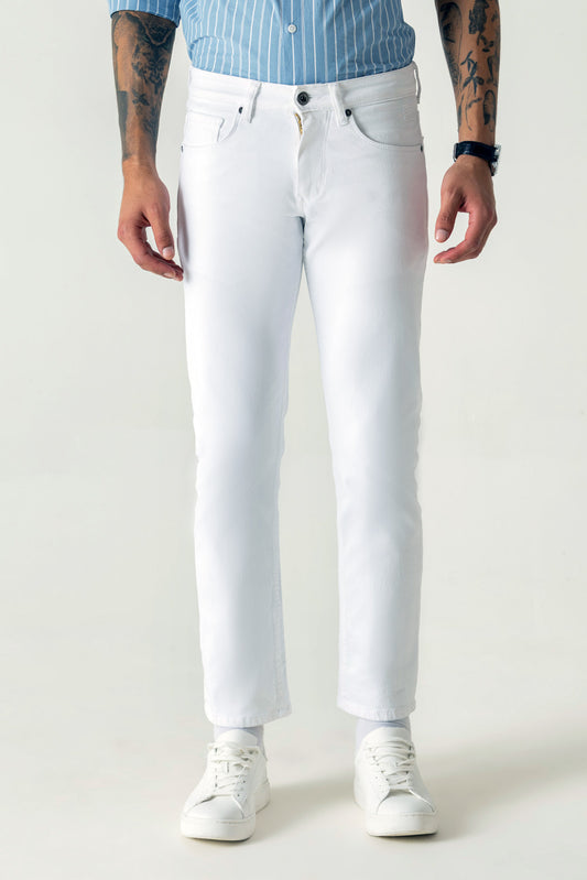 Cotton Twill White Loose Ankle 5 Pocket Jeans