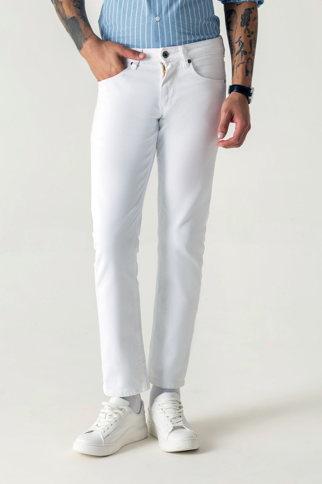 Cotton Twill White Loose Ankle 5 Pocket Jeans