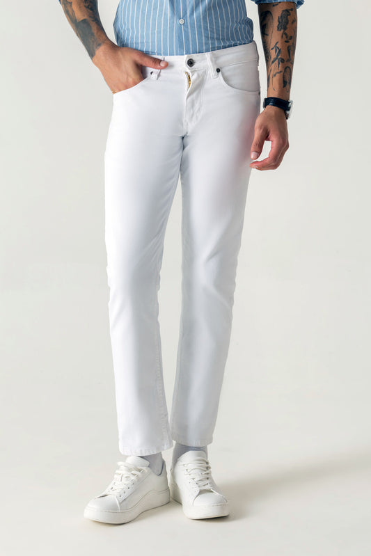 Cotton Twill White Loose Ankle 5 Pocket Jeans