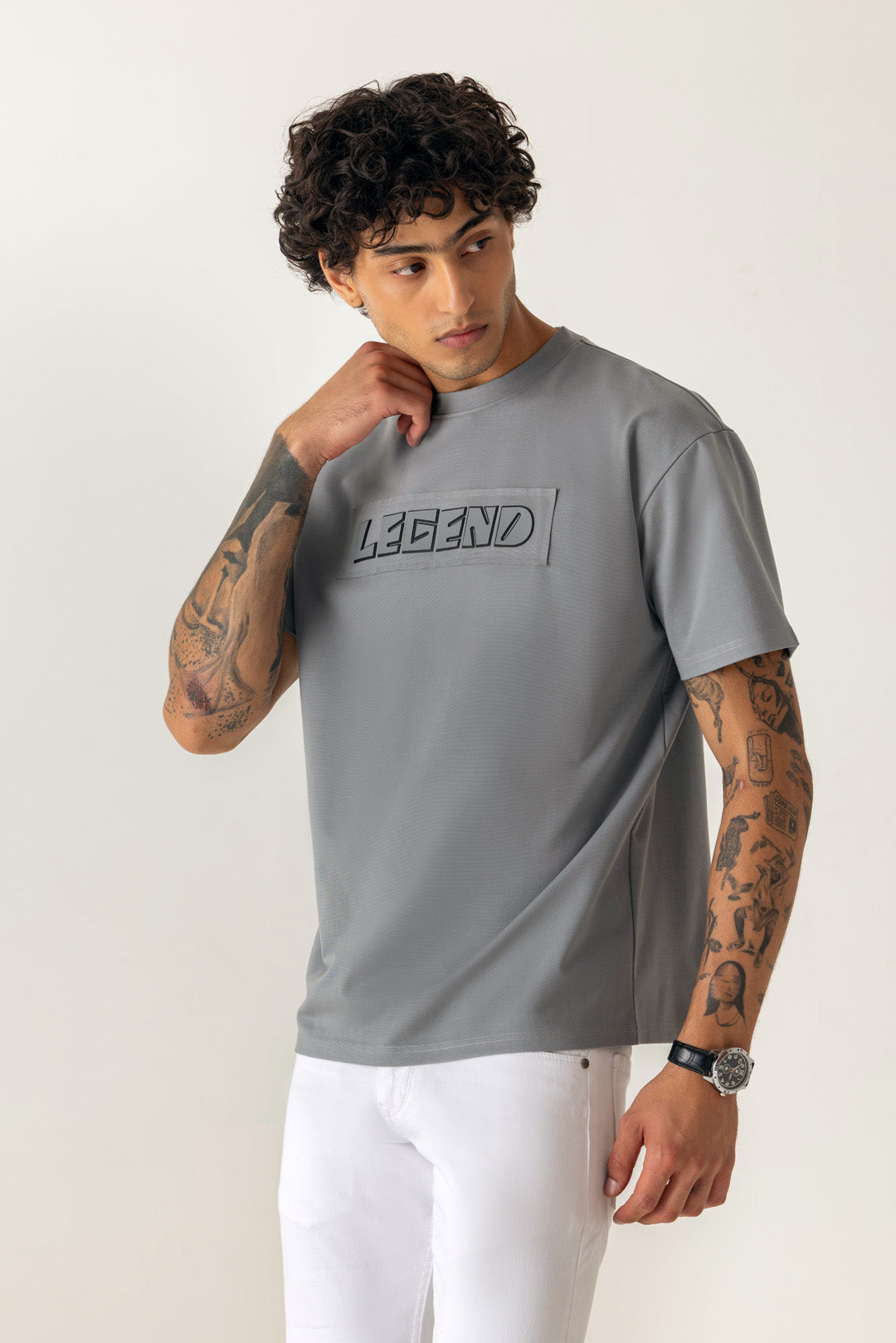 Viscose Blend Grey Oversized Legend Print T-Shirt
