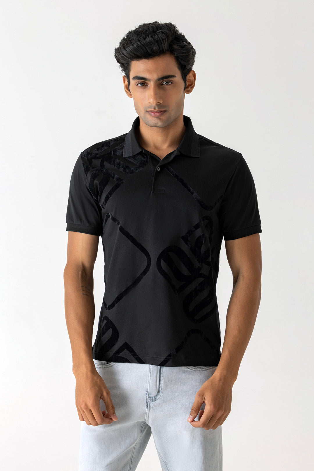 Mercerised Cotton Black Large Flock Logo Polo