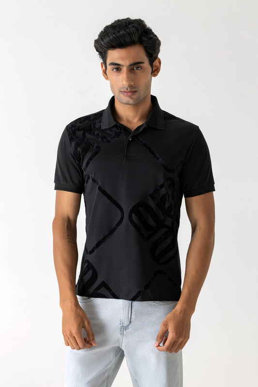 Mercerised Cotton Black Large Flock Logo Polo