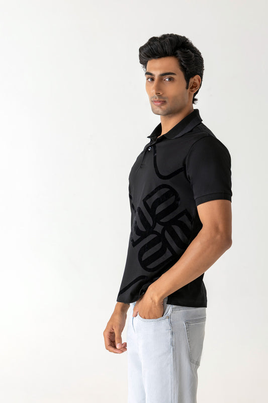 Mercerised Cotton Black Large Flock Logo Polo