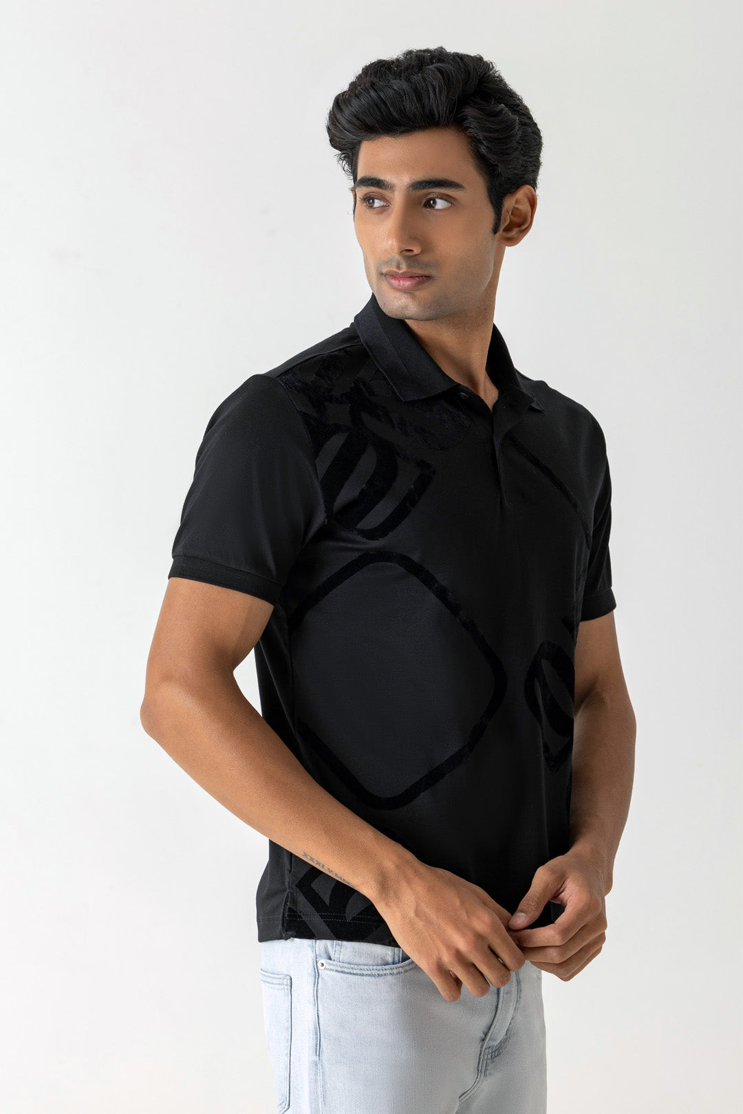 Mercerised Cotton Black Large Flock Logo Polo