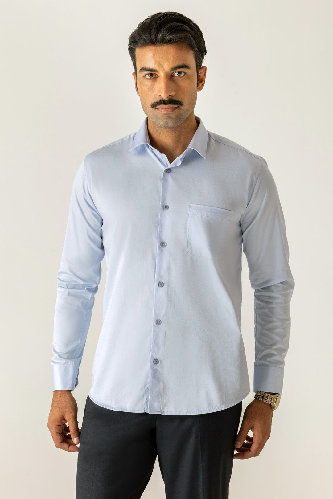 Cotton Sky Blue Satin Finish Slim Fit Shirt