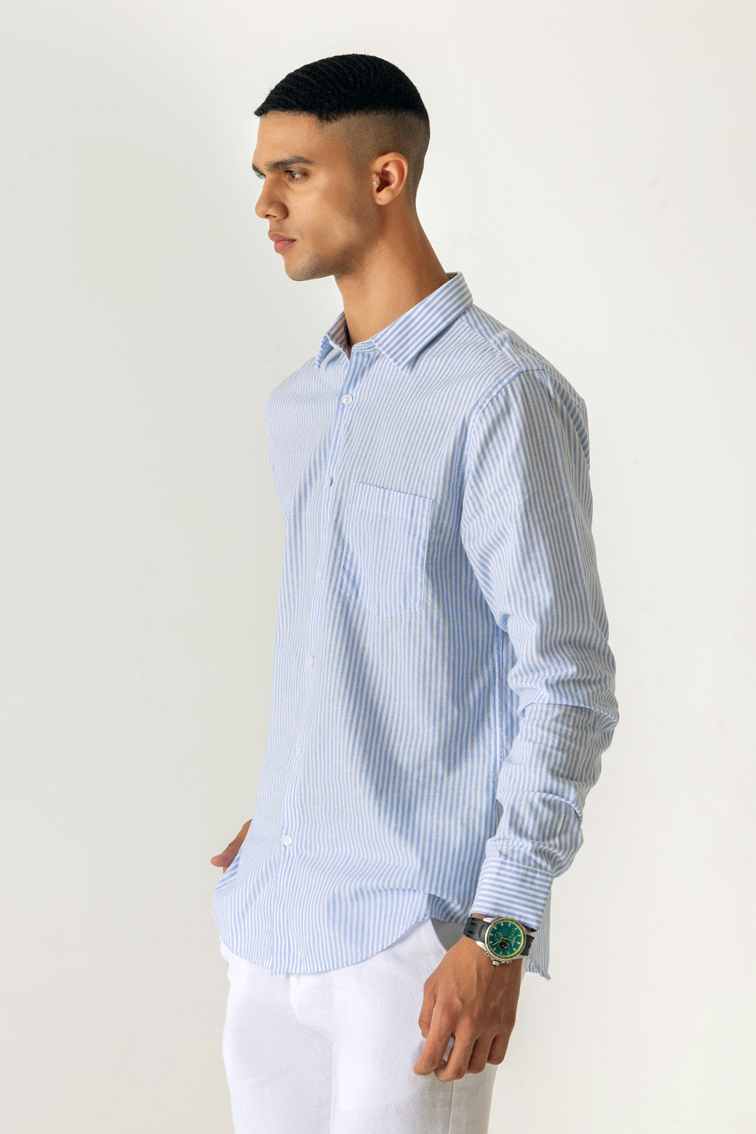 Cotton Linen Sky Blue Stripe Regular Fit Shirt