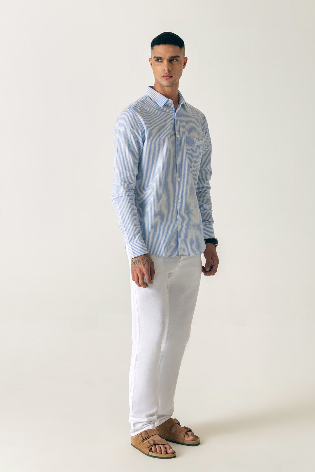 Cotton Linen Sky Blue Stripe Regular Fit Shirt