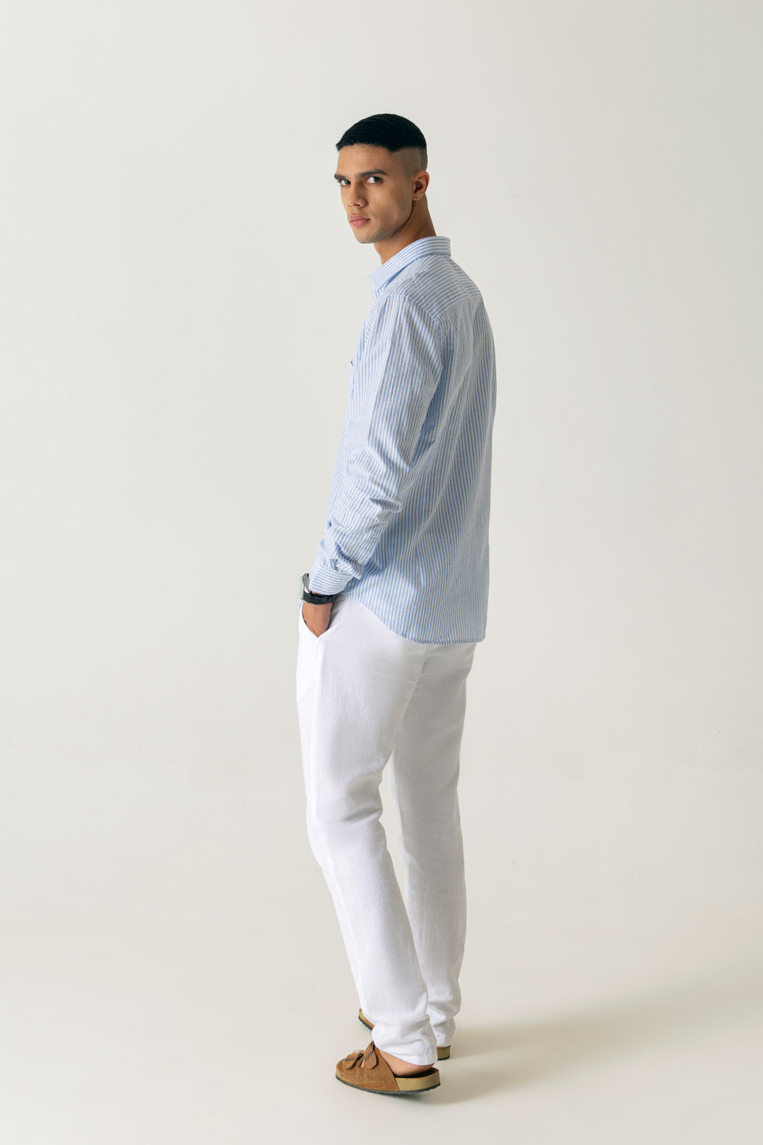 Cotton Linen Sky Blue Stripe Regular Fit Shirt