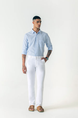 Linen Cotton White Slim Straight Regular Belt Trouser