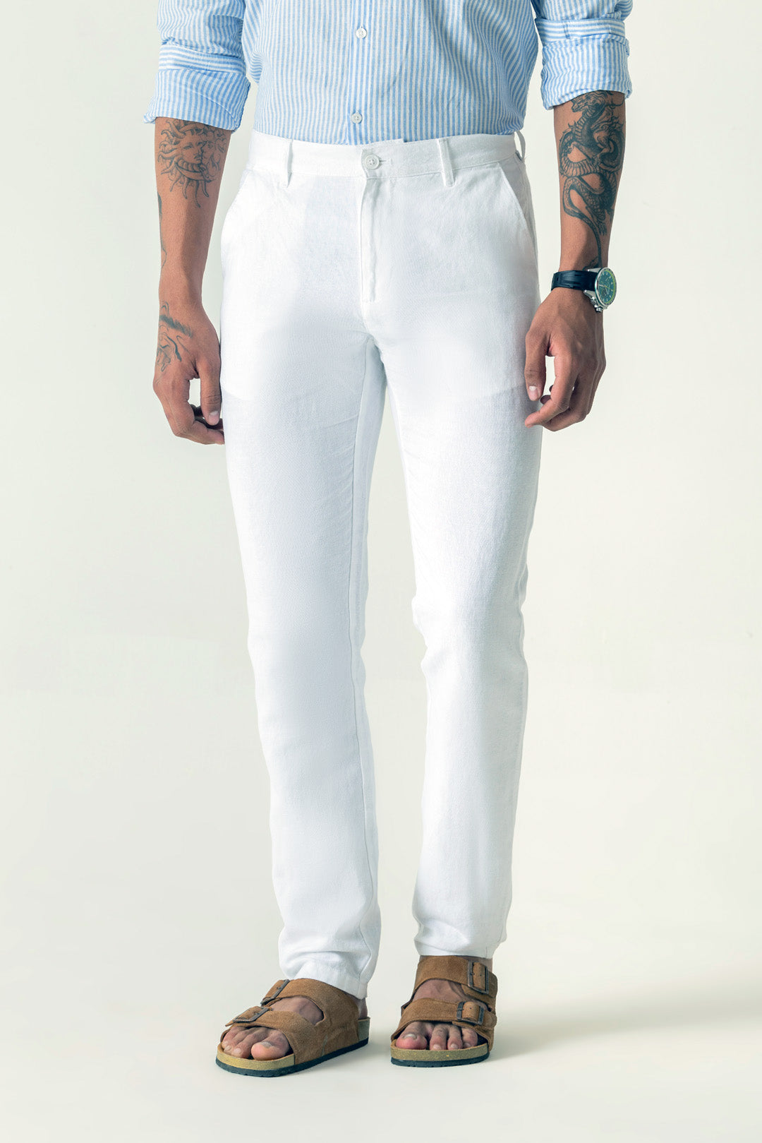 Linen Cotton White Slim Straight Regular Belt Trouser