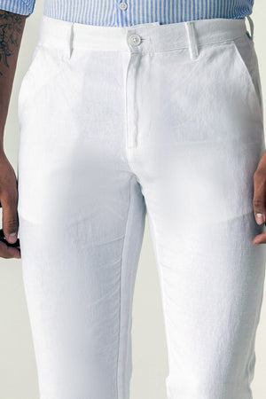 Linen Cotton White Slim Straight Regular Belt Trouser