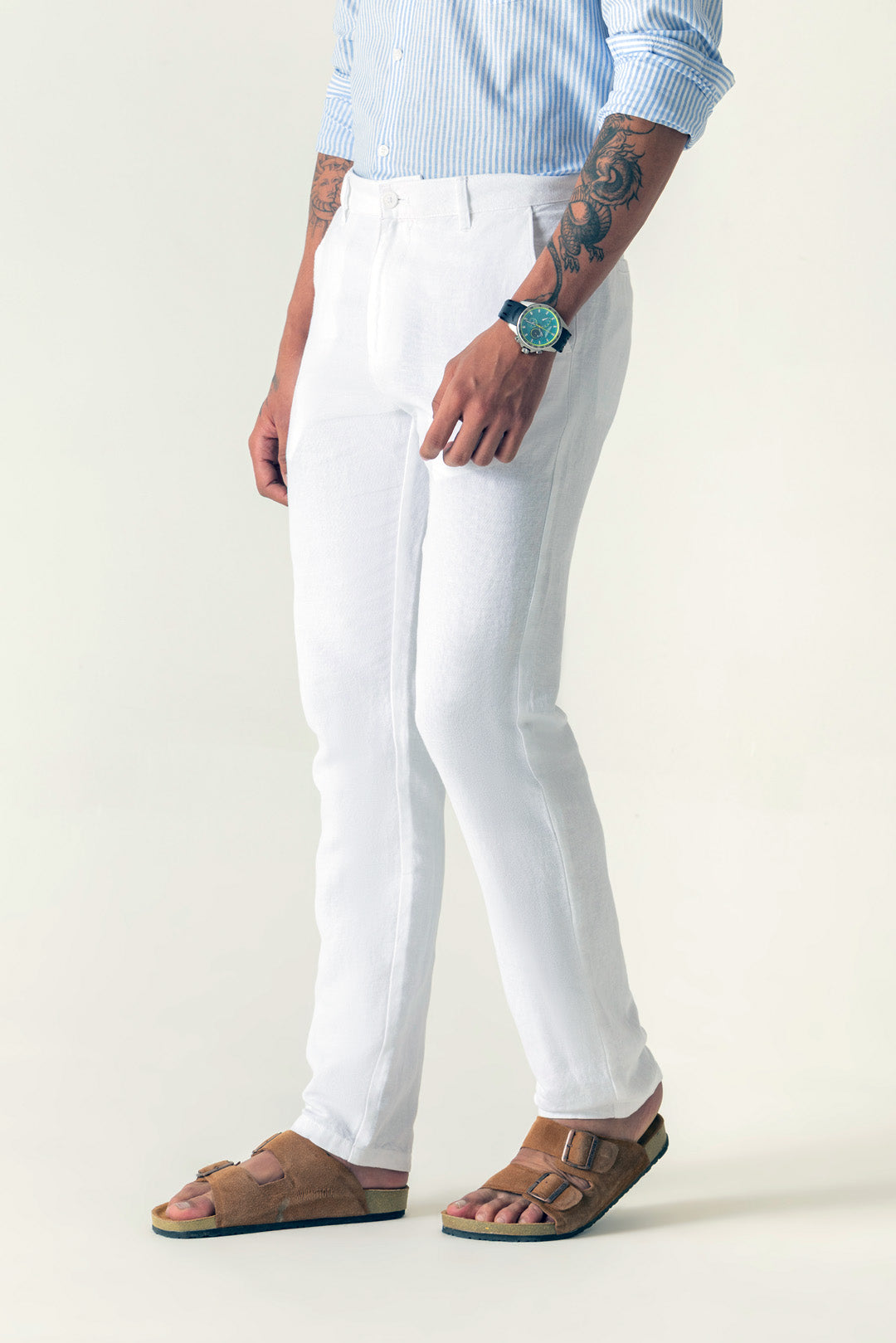 Linen Cotton White Slim Straight Regular Belt Trouser