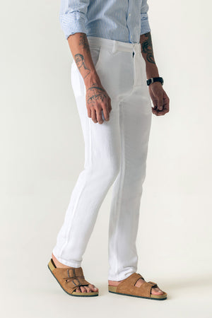 Linen Cotton White Slim Straight Regular Belt Trouser