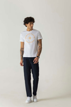 Mercerised Cotton White Nautical Crew Neck T-Shirt